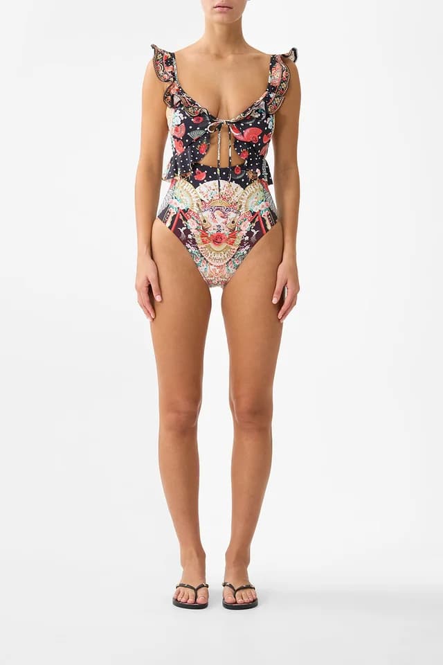 Camilla eBoutique TIE FRONT ONE PIECE WITH FRILL NECK AND WAIST DAUGHTERS OF DUENDE, image 1 of 1 from CAMILLA