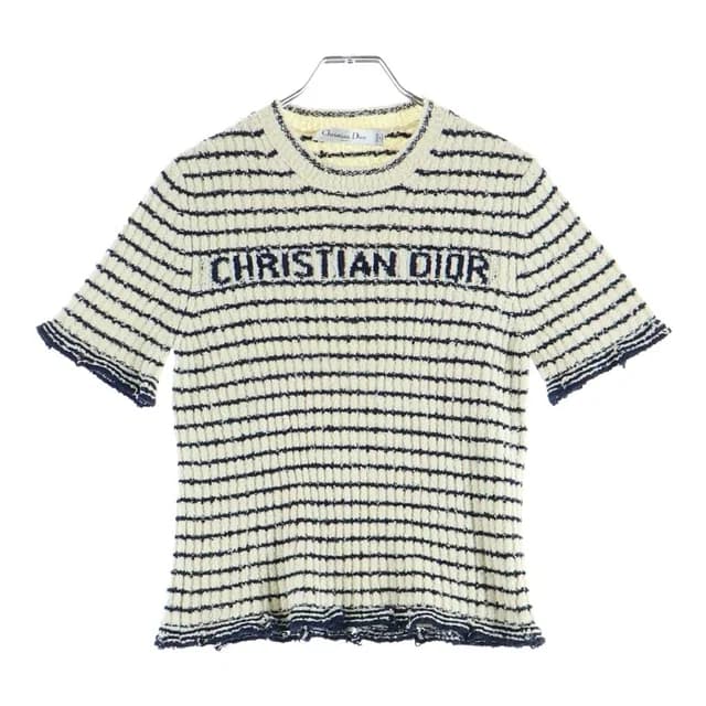 Dior Maniere Short Sleeve Knit White Navy Cotton Sweater in White from The Reluxe, photo 1 of 1