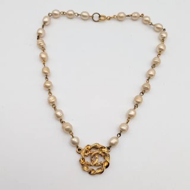 Chanel Faux Pearl CC Logo Necklace Twist First Era Vintage in Gold from The Reluxe, photo 1 of 1