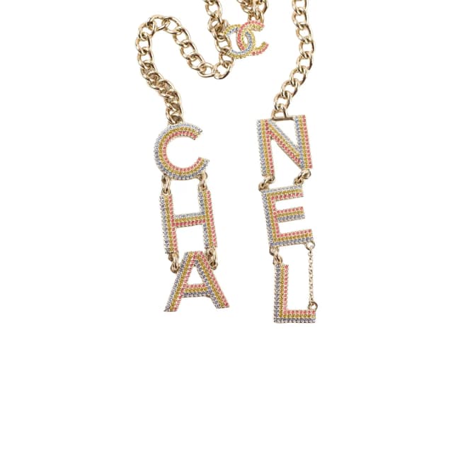 Chanel Crystal CHA-NEL Rainbow Logo Necklace Light Gold Necklace Costume Jewellery in Gold from The Purse Affair, photo 1 of 1