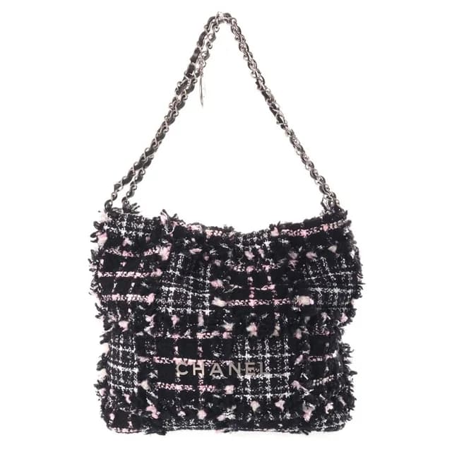 Chanel 22 2-Way Tote Chain Shoulder Bag Black Pink Leather Tweed Plate Silver in Black Tweed from The Reluxe, photo 1 of 1