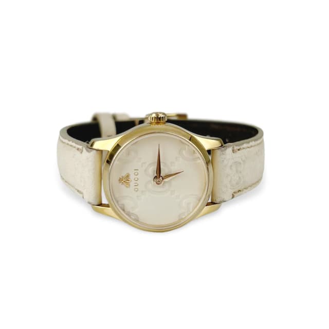 Gucci 2021 Women's Quartz Cream Debossed Leather G-Timeless Signature Gold PVD 27mm Watch in Beige Leather from Designer Archives, photo 1 of 1
