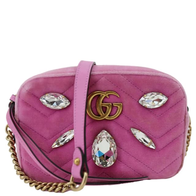 Gucci GG Marmont Mini Marquise Crystals Matelasse Velvet Chain Crossbody Bag Pink 448065 in Pink Velvet from Dallas Designer Handbags, photo 1 of 1