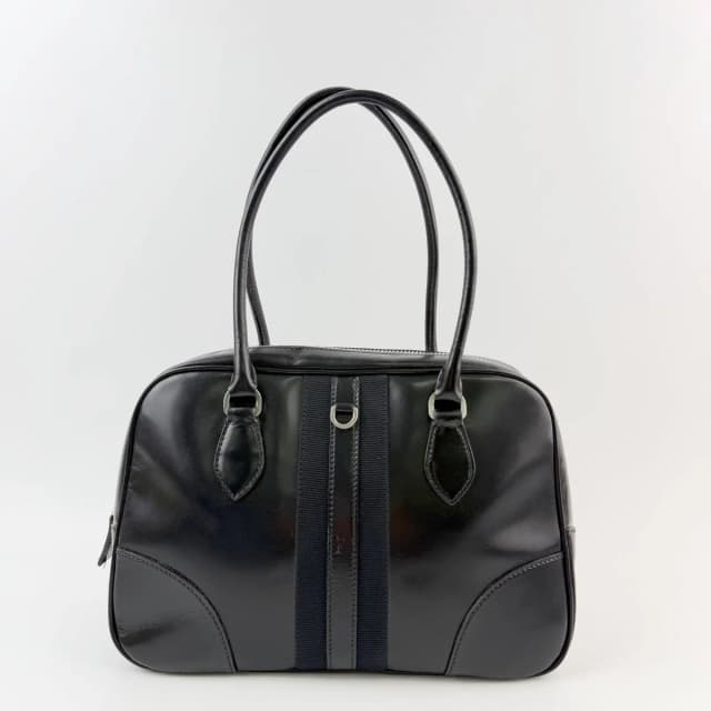 Prada Bowling Triangle Logo Side Line Shoulder Bag Leather Black Silver Vintage in Black Leather from The Reluxe, photo 1 of 1