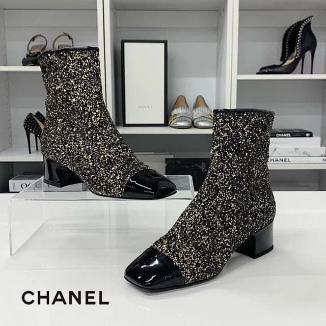 Chanel CC Logo Glitter Patent Short Boots Black in Black Patent leather from The Reluxe, photo 1 of 1
