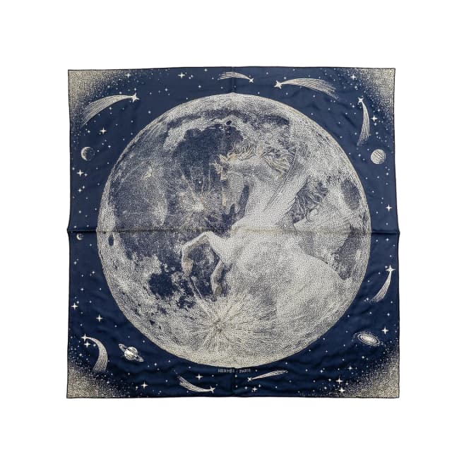 Hermès 90cm Silk Scarf with Sequin Clair De Lune Navy / White in White Silk from EMIER, photo 1 of 1