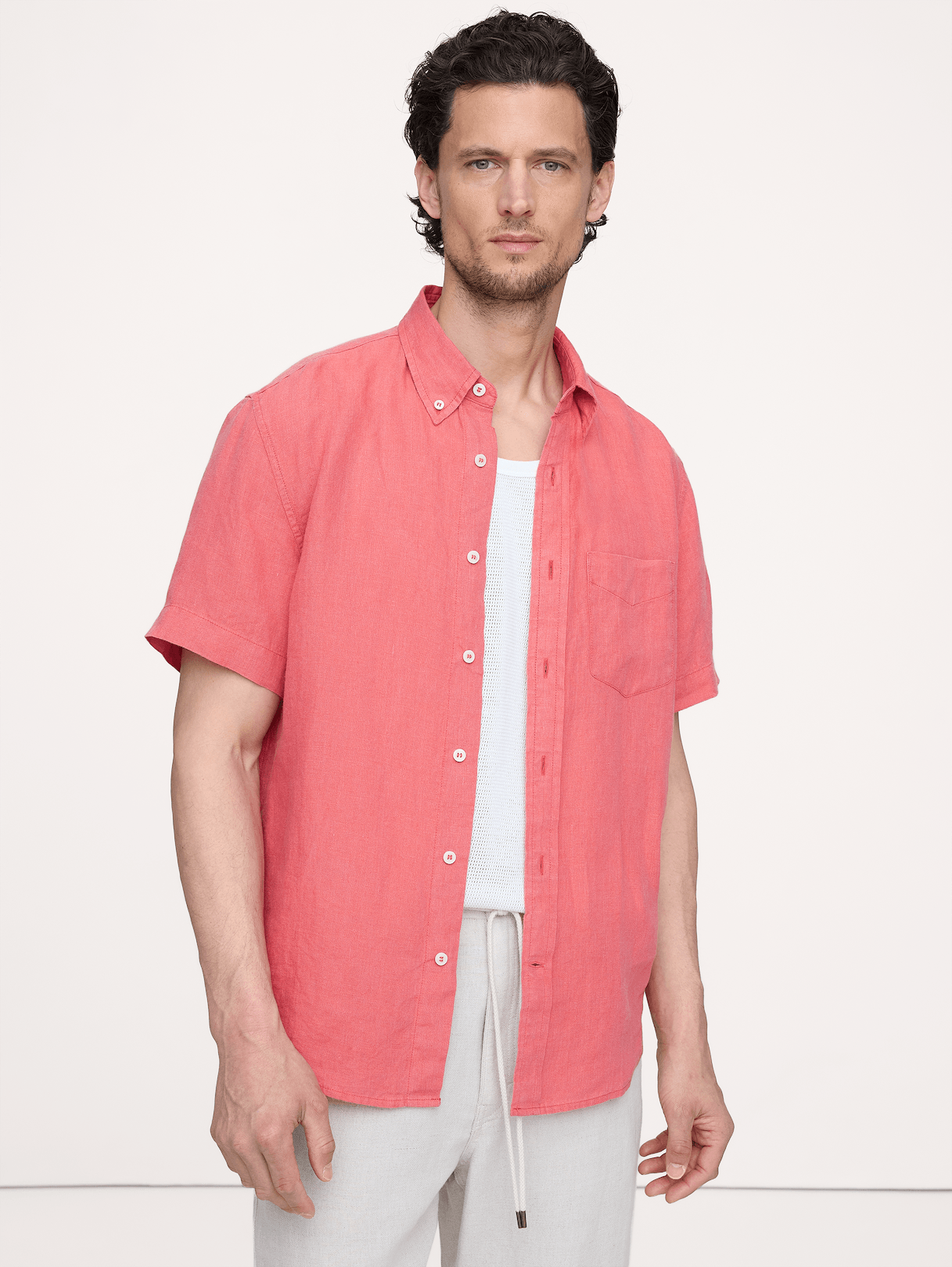 Banana Republic Standard-Fit Linen Short-Sleeve Shirt in Coral Red, image 1 of 1 from Banana Republic (US)