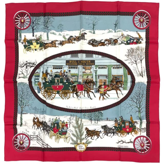 Hermès Carre 90 L'hiver en Poste Scarf Winter Mail Carriage Silk Red Multicolor in Red Silk from The Reluxe, photo 1 of 1