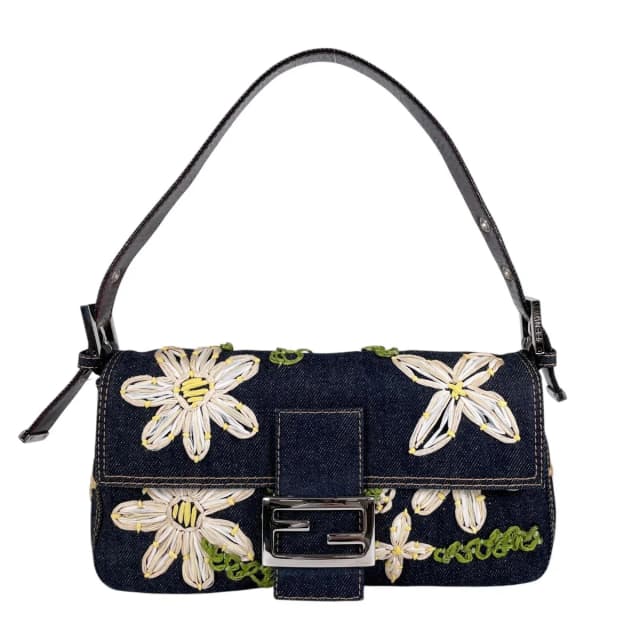 Fendi Mamma Baguette Handbag Denim Multicolor Flower Floral Pattern Embroidery in Multicolor Denim from The Reluxe, photo 1 of 1