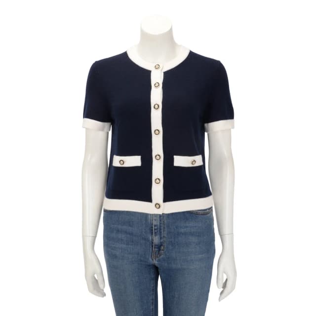 Chanel Knit Short Sleeve Cardigan FR 38 in Navy & White Cashmere from Blue Spinach, photo 1 of 1