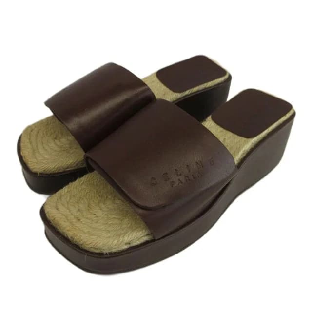 Celine Slide Sandals Leather Espadrilles Platform Strap Logo Brown Beige in Brown Leather from The Reluxe, photo 1 of 1