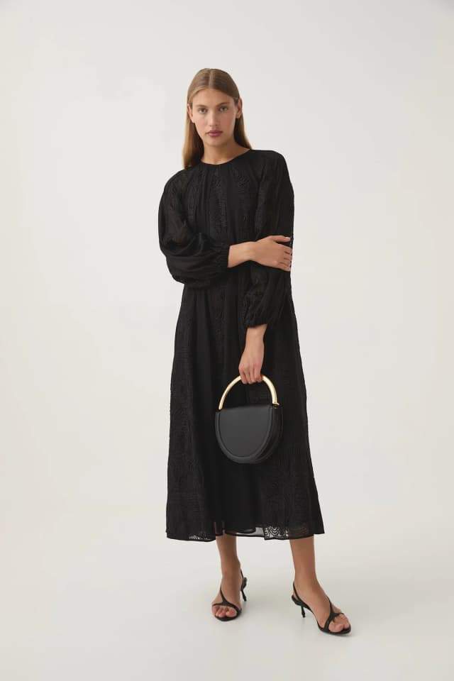 AJE Soleil Blouson Lace Midi Dress in BLACK, image 1 of 1 from Aje