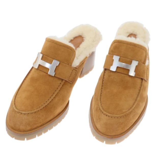 Hermès Flore 60 Flor Suede Leather Shearling Sandals Camel Brown in Brown Suede from The Reluxe, photo 1 of 1