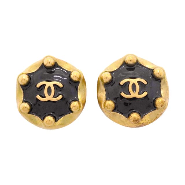 Chanel Earrings Vintage CC Logo Round Circle Gold Plated Black in Black from The Reluxe, photo 1 of 1