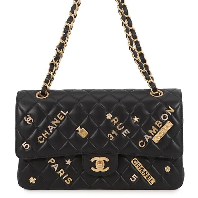 Chanel Chain Shoulder Bag Quilted 25 CC Logo Icon Charm Lambskin Double Black in Black Lambskin from The Reluxe, photo 1 of 1