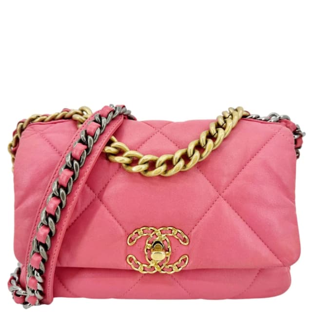 CHANEL 19 Flap Medium Quilted Lambskin Leather Shoulder Bag Pink in Pink Lambskin from Dallas Designer Handbags, photo 1 of 1