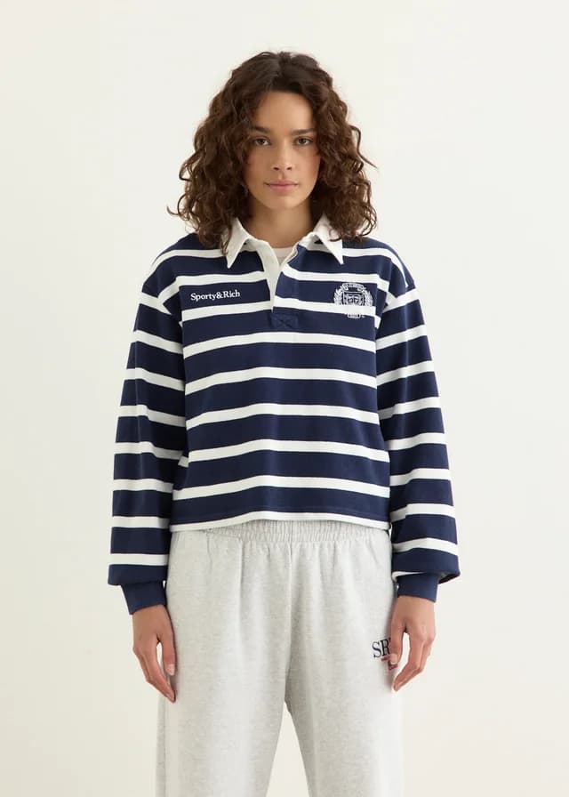 Sporty and Rich Yale Crest Rugby Polo in Dark Navy/White, image 1 of 1 from Incu