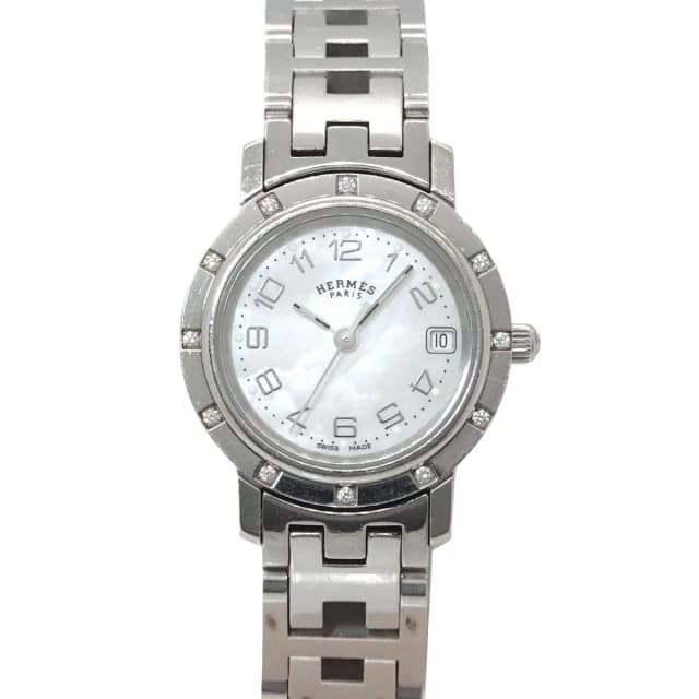 Hermès Cles Cl4 230 Watch Diamond Bezel White Shell Quartz Clipper in White from The Reluxe, photo 1 of 1