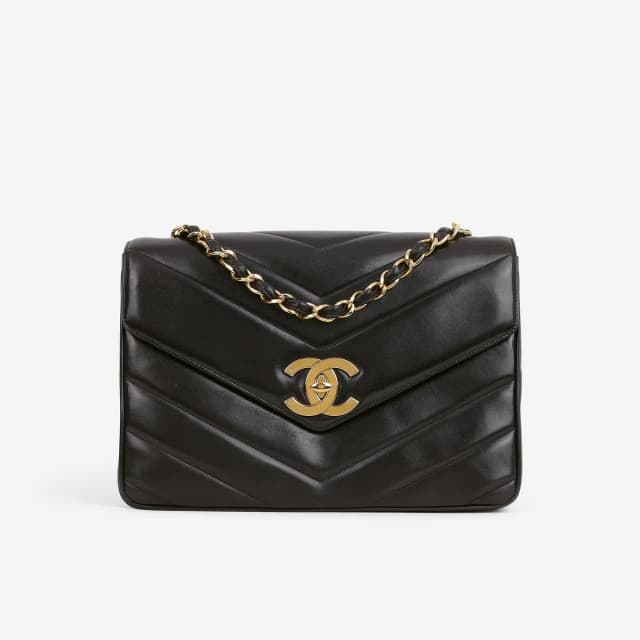 Chanel Vintage Jumbo Chevron Flap - Black Lambskin | Gold Hardware in Black Lambskin from Bagista, photo 1 of 1