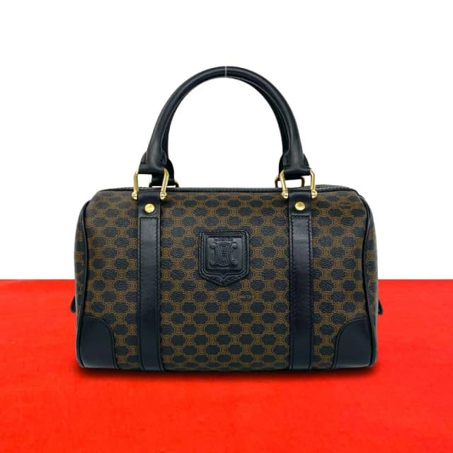 Celine Vintage Macadam Blason Logo Pattern Leather Mini Boston Bag Black Brown in Black Leather from The Reluxe, photo 1 of 1