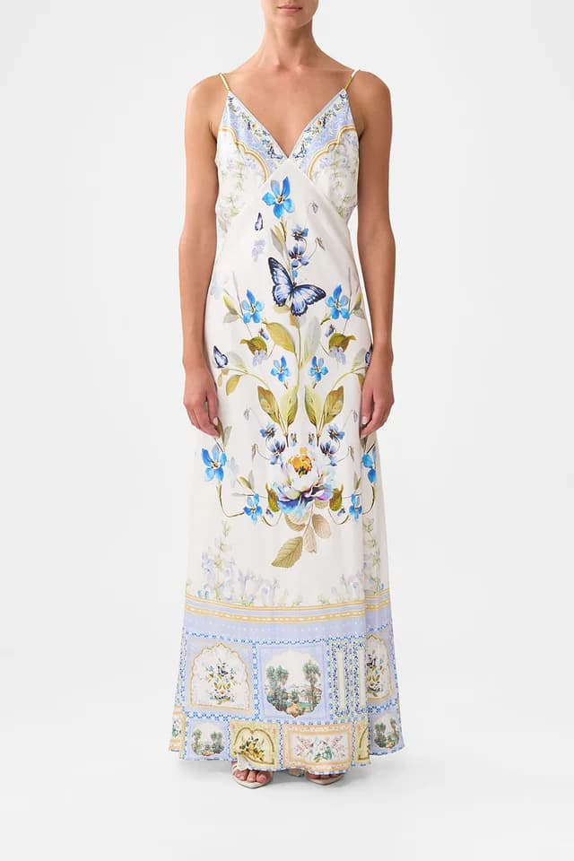 Camilla eBoutique V-NECK LONG BIAS SLIP DRESS WITH TRAIN BOTANICAL BALLADS, image 1 of 1 from CAMILLA