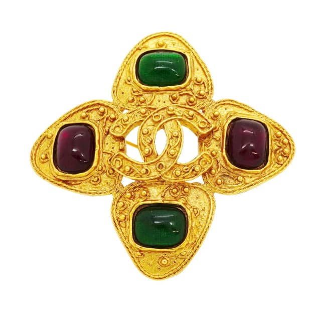 Chanel Brooch Vintage CC Logo Gold Plated Gripoix Green Red in Red from The Reluxe, photo 1 of 1