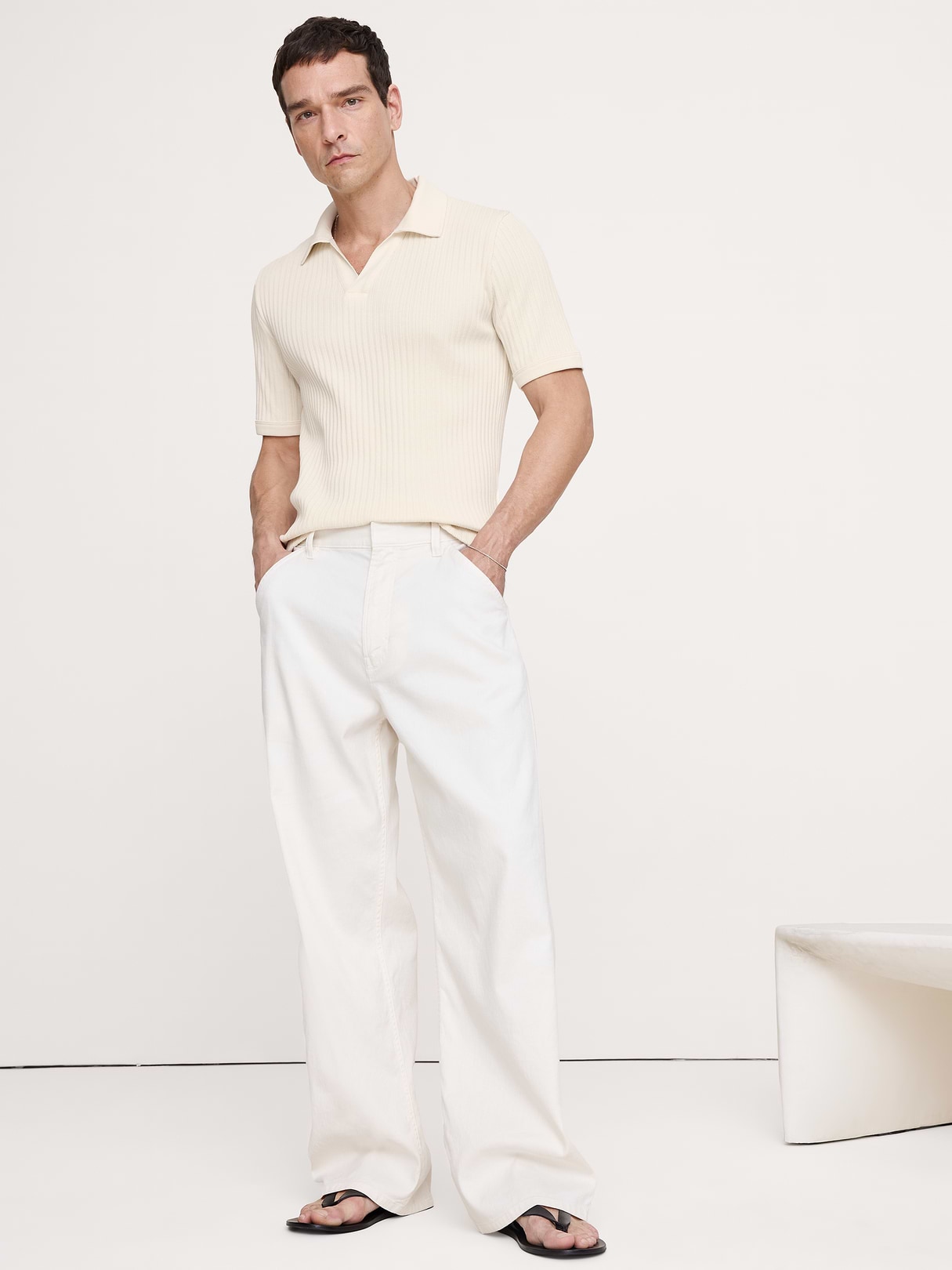 Banana Republic Ribbed Stretch-Cotton Johnny-Collar Polo in Cream White, image 1 of 1 from Banana Republic (Canada)