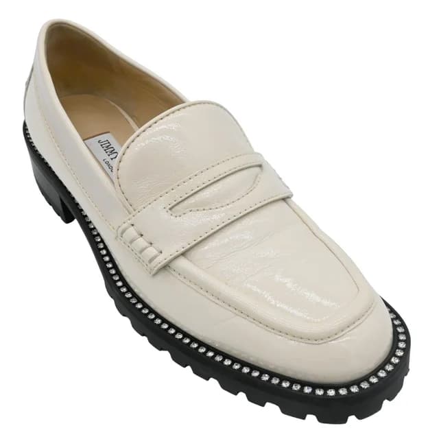 Jimmy Choo Deanna Ivory Patent Leather Crystal Trim Lug Sole Loafers in White Patent leather from Clotheshorse Anonymous, photo 1 of 1
