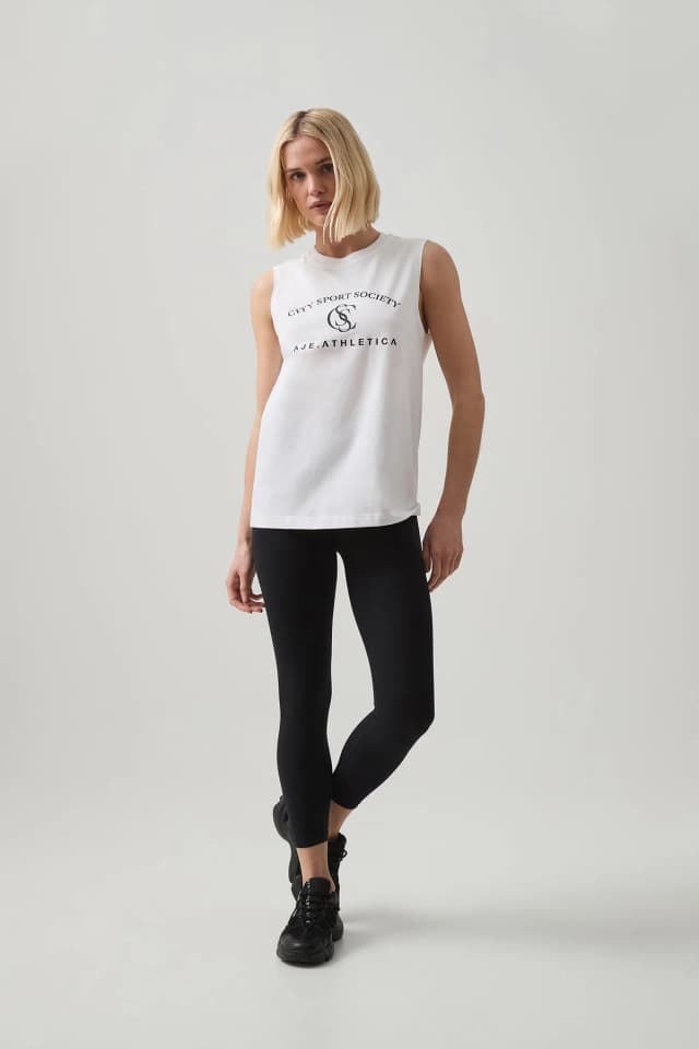 Athletica Longline Logo Tank in WHITE, image 1 of 1 from Aje
