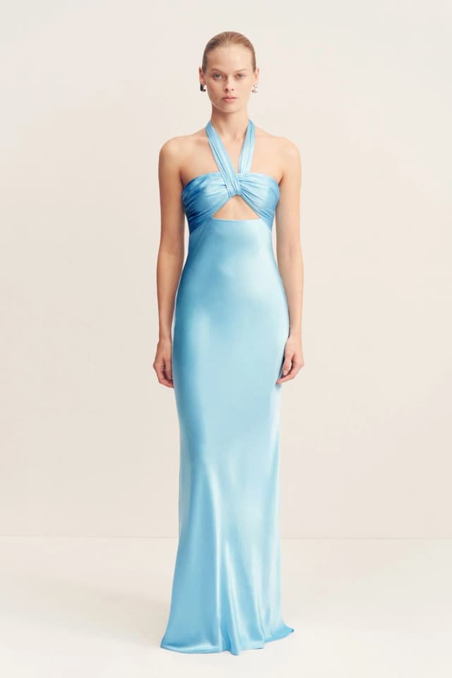 Shona Joy LA LUNE RUCHED HALTER MAXI DRESS - ICEBERG BLUE, image 1 of 1 from Shona Joy