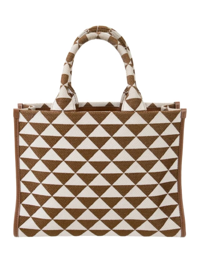 Prada Enameled Metal Triangle Symbole Small in brown|red Saffiano leather from The RealReal, photo 1 of 1