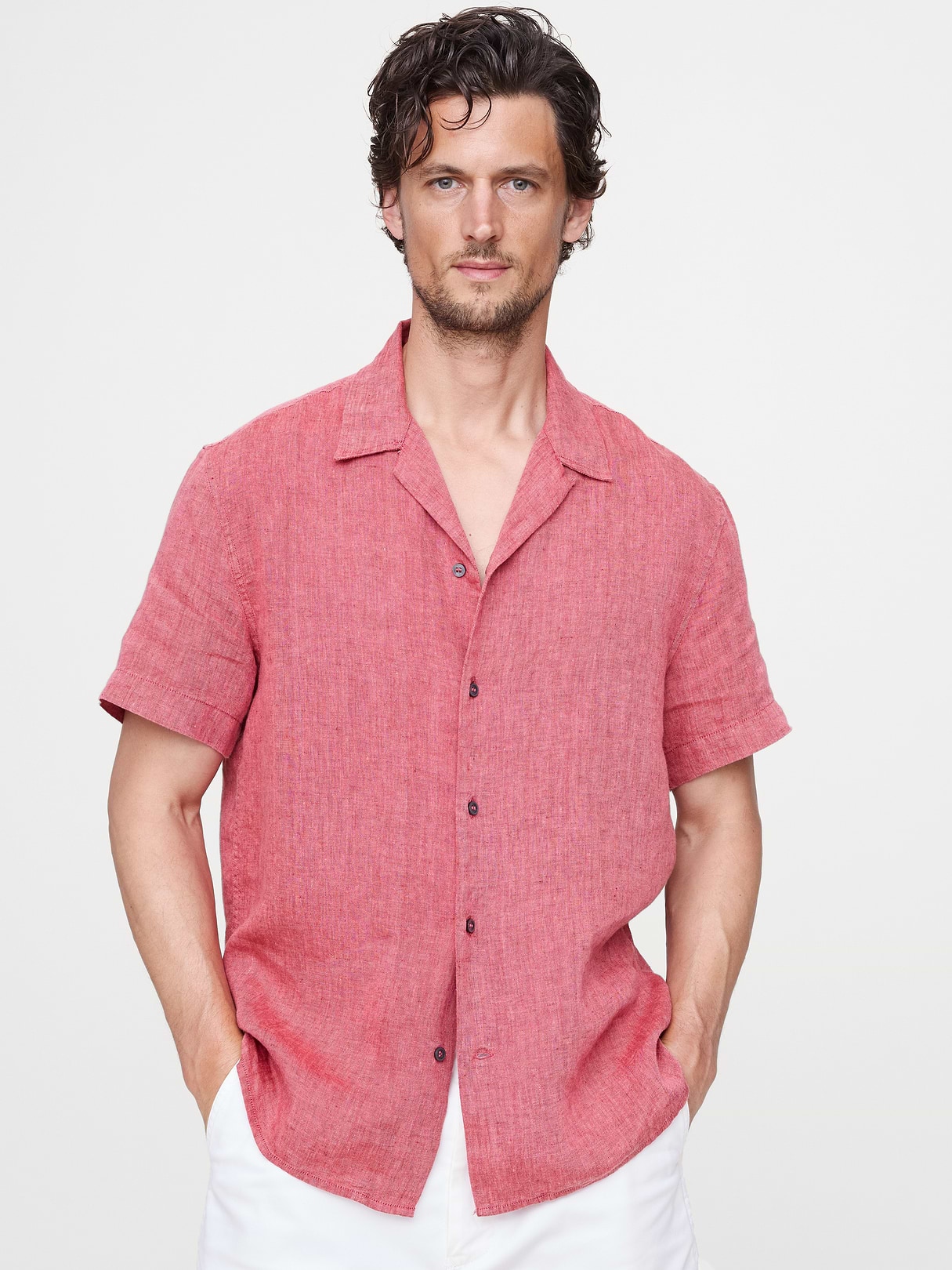 Banana Republic Standard-Fit Linen Resort Shirt in Bright Pink, image 1 of 1 from Banana Republic (Canada)