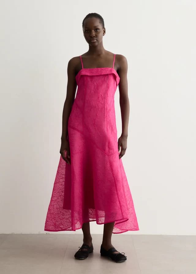 Ganni Shibori Organza Long Asymmetric Dress in Raspberry Rose 09Z, image 1 of 1 from Incu