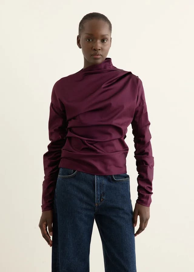 Ganni Technical Stretch Satin Ruched Top in Mauve Wine 07H, image 1 of 1 from Incu