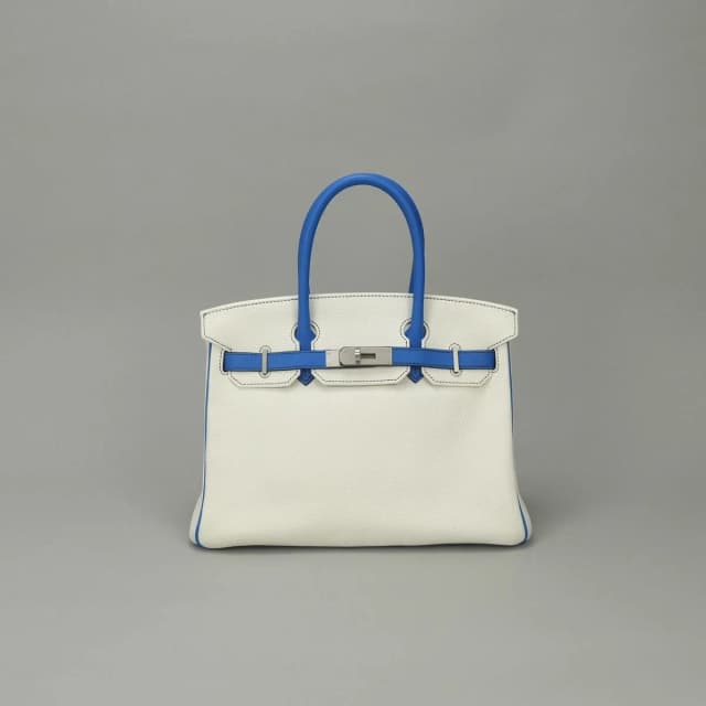 Hermès Birkin 30 Tote Bag Taurillon Clemence Blanc Blue Bleu Zellige White Matte in White Clemence leather from The Reluxe, photo 1 of 1