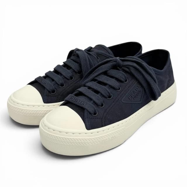 Prada Triangle Logo Pattern Fabric Sneakers Navy in Navy from The Reluxe, photo 1 of 1