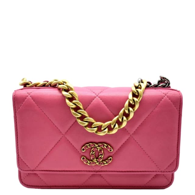 Chanel CHANEL19 CC WOC Quilted Leather Wallet On Chain Crossbody Bag Pink in Pink Leather from Dallas Designer Handbags, photo 1 of 1