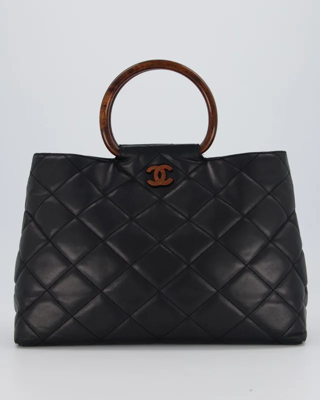 Chanel Vintage Black Quilted Lambskin Leather Tote Bag with Wooden CC and Handle Detail in Black Lambskin from Sellier, photo 1 of 1