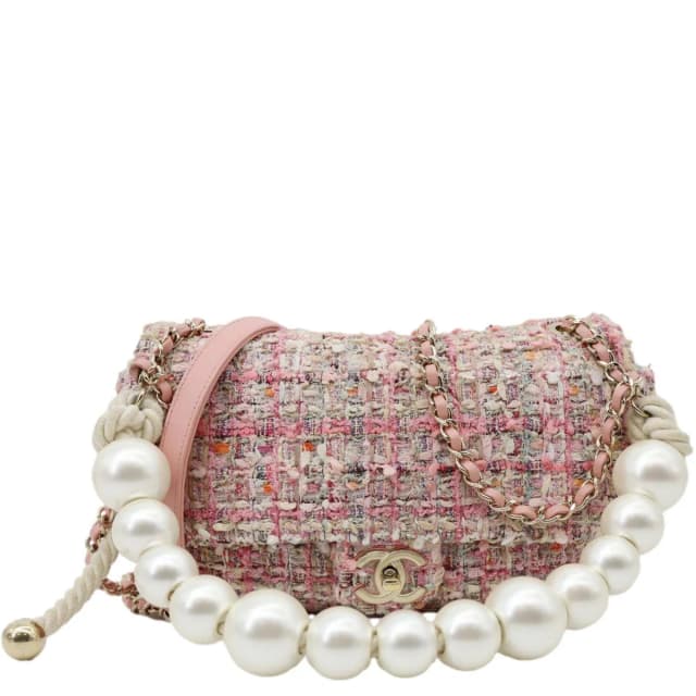 Chanel Pearl Flap Mini Tweed Top Handle Shoulder Bag Pink in Pink Tweed from Dallas Designer Handbags, photo 1 of 1
