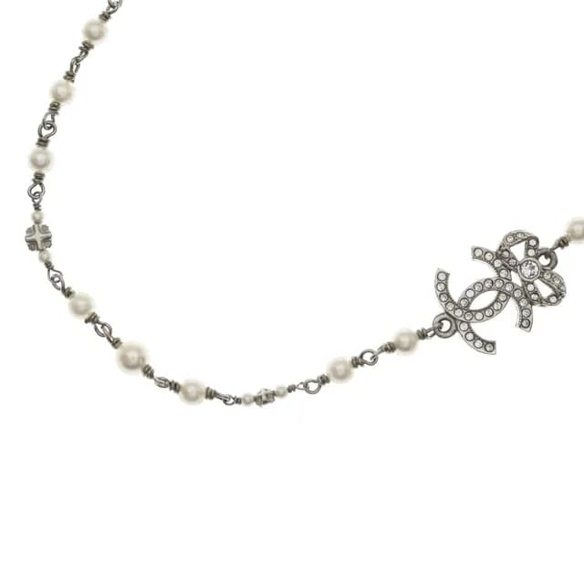 Chanel CC Logo Necklace Choker Pearl Rhinestone Ribbon Silver in Silver from The Reluxe, photo 1 of 1