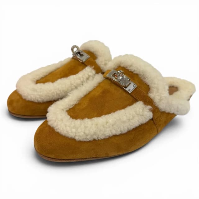 Hermès Oz Sheepskin Silver Kelly Buckle Shearling Mules Brown Box 37.5 in Brown from The Reluxe, photo 1 of 1