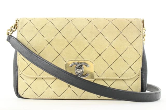 Chanel Beige Quilted Suede x Black Leather Classic Flap Bag in Black Suede from Bagriculture, photo 1 of 1