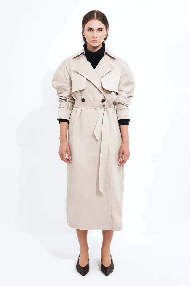 Aje Studio Verona Long Line Trench Coat in SAND, image 1 of 1 from Aje