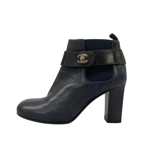 Chanel Booties Navy Black Side Gore CC Logo Leather Boots in Black Leather from The Reluxe, photo 1 of 1