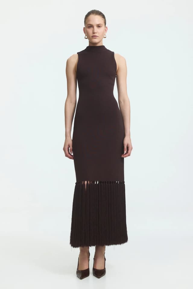 AJE Sofina Knit Tassel Midi Dress in CHOCOLATE, image 1 of 1 from Aje