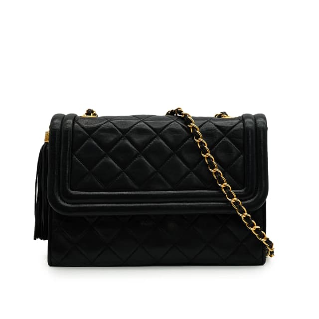Chanel Vintage Matelasse Fringe Chain Shoulder Bag Black Lamb Skin Gold Hardware in Black Leather from Luxury Promise, photo 1 of 1
