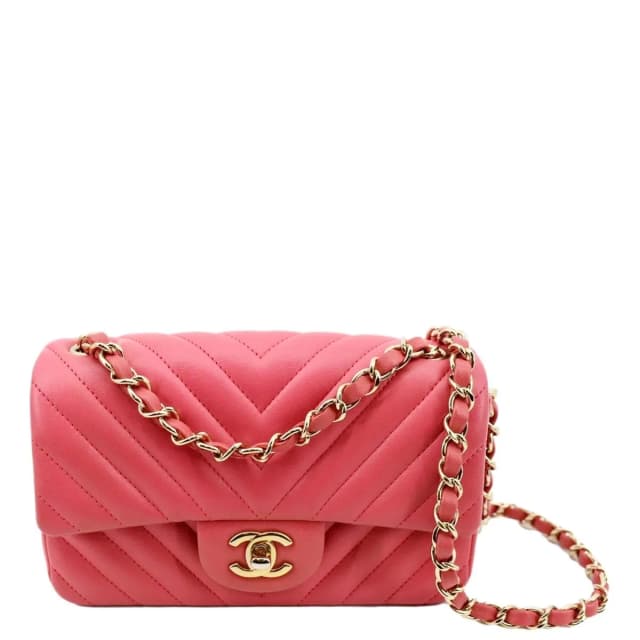 Chanel Timeless Classic Square Flap Chevron Calfskin Leather Crossbody Bag Pink in Pink Calfskin from Dallas Designer Handbags, photo 1 of 1