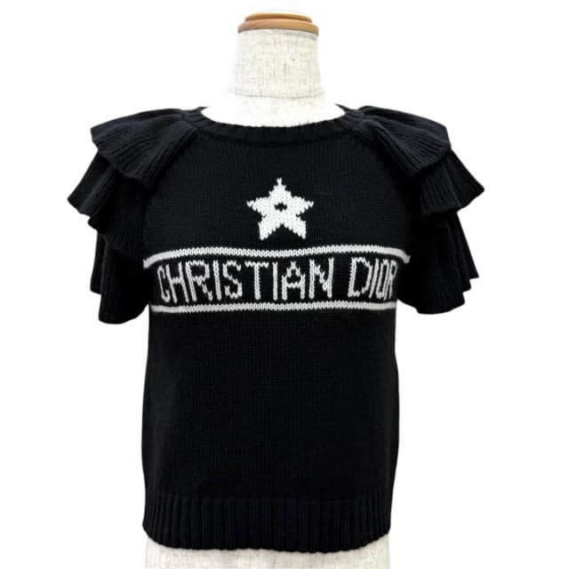 Dior Cashmere 100% Logo Star Sleeve Ruffle Design Short Knit Black IT 40 Sweater in Black Cashmere from The Reluxe, photo 1 of 1