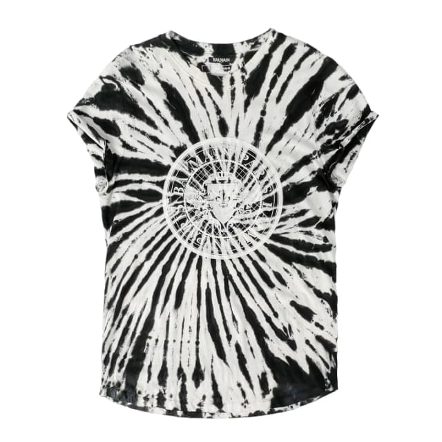 Balmain Men's Black & White Tie-Dye Cotton Flocked Medallion Logo T-Shirt in Black & White Cotton from Designer Archives, photo 1 of 1