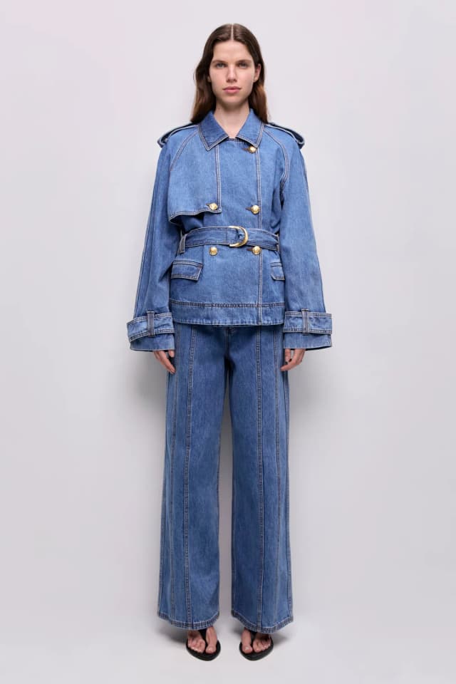AJE Voyage Cropped Denim Trench in 90'S WASH, image 1 of 1 from Aje